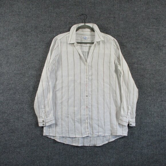 Sigrid Olsen Shirt Women L White Linen Roll Tab Button Down Casual Costal Preppy - Picture 1 of 13